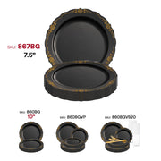Black with Gold Vintage Rim Round Disposable Plastic Appetizer/Salad Plates (7.5") SKU | Smarty Had A Party