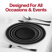 Black with Silver Edge Rim Plastic Appetizer/Salad Plates (7.5") Lifestyle | Smarty Had A Party
