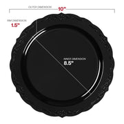 Black 10-inch round dinner plates with an elegant vintage rim design