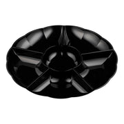 Black 6-partition disposable tray ideal for serving snacks or appetizers