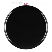 Black 8.5-inch disposable plastic plates featuring a flat round design