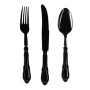 Black Baroque disposable plastic cutlery set, case of 480, including forks, knives, and spoons, ideal for formal and casual events