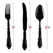 Black Baroque disposable plastic cutlery set, including 8" forks, 9" knives, and 8.25" spoons for stylish dining