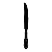 Black Baroque disposable plastic dinner knives with an ornate handle design, 9 inches long, perfect for upscale dining; case of 480