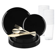 Black Flat Round Disposable Plastic Wedding Value Set, perfect for elegant celebrations with a sleek, modern design