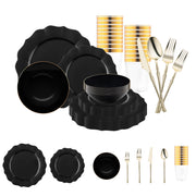 Black Round Lotus Plastic Tableware Set with gold cutlery, perfect for elegant events and formal gatherings