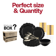 Black Round Lotus plates and gold utensils displayed, highlighting perfect sizing for event servings