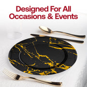 Black and gold marble disposable charger plates, perfect for upscale events