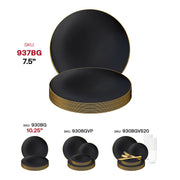 Black and gold round plastic plates designed for appetizers or salads, 7.5-inch diameter, disposable and sold in a 120-pack