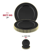 Black and gold salad plates with a pearl string accent, round disposable plastic design, 7-inch diameter