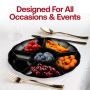 Black and white 6-partition disposable tray, both 14-inch round trays for event use
