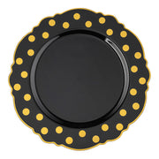 Black dinner plates made of plastic with an elegant gold blossom dot design, 10.25 inches