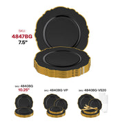 Black disposable appetizer plates with a round 7.5-inch design, adorned with a gold rim and blossom pattern
