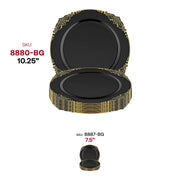 Black disposable dinner plates with a round 10.25-inch design and elegant gold patterns, sold as a 120-pack for formal gatherings