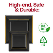 Black disposable dinner plates with gold square edge rim, 9.5-inch size, durable and stylish, BPA-free