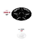 Black disposable plastic 6-partition tray used at a party, holding an assortment of appetizers and snacks