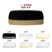 Black disposable plastic plates with a luxurious gold rim, flat rectangular shape, and raised edges, 10.6x5 inches, 120-pack
