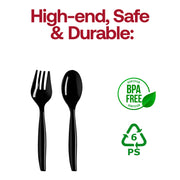 Black disposable plastic serving flatware set, BPA-free and food-safe, ideal for worry-free catering and events