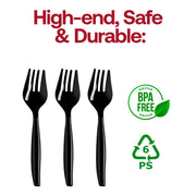 Black disposable plastic serving forks, BPA-free and food-safe, perfect for worry-free meal service