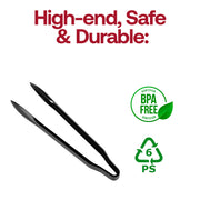 Black disposable plastic serving tongs in action at a buffet, perfect for serving appetizers and side dishes