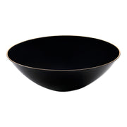 Black disposable plastic soup bowls with gold rim, round design