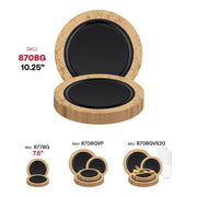 Black disposable plates featuring a bold gold marble rim, 10.25-inch round size