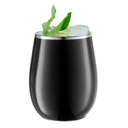 Black disposable stemless plastic wine glasses with silver accents, 12-ounce size, perfect for parties and elegant gatherings