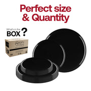 Black flat dinner plate measuring 10 inches in diameter, ideal for serving main courses at events and gatherings