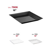 Black grooved-rim serving tray displayed on a buffet table, enhancing the look of the food arrangement