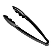 Black heavyweight PP disposable plastic food serving tongs, 9 inches long, professional-grade single-use serveware for buffets and catering.
