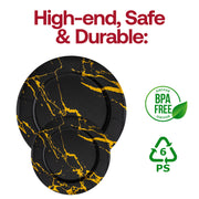 Black paper charger plates with an opulent gold marble design, 13-inch diameter, disposable, BPA-free