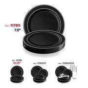 Black plastic appetizer plates with a silver edge rim, 7.5-inch diameter