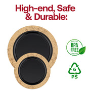 Black plastic appetizer plates with an elegant gold marble rim detail, BPA-free