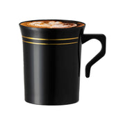 Black plastic coffee mug with a gold edge rim, round shape, 8 oz capacity