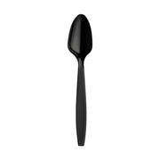 Black plastic disposable spoons, 6 inches long, durable and convenient for large events, sold in a case of 1,000.
