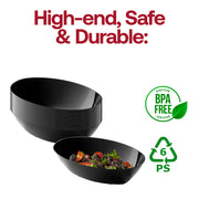 Black plastic oval bowl used at an elegant event, designed for all occasions and stylish food service