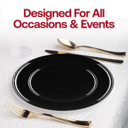 Black plastic plates in use at an outdoor celebration, ideal for events from casual picnics to upscale receptions
