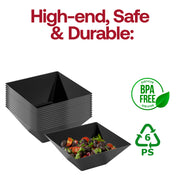 Black plastic serving bowl in use at a modern buffet setup, enhancing food presentation for any occasion