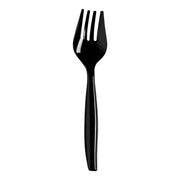 Black plastic serving forks with a sleek finish, ideal for fancy catering, buffets, and upscale events