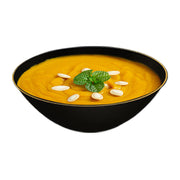 Black plastic soup bowls with a sleek gold rim, organic round shape, 16 oz size