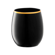 Black plastic stemless wine glasses with gold accents, perfect for luxury-themed events and stylish entertaining