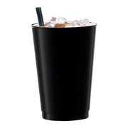 Black plastic tumblers with a classic round shape, 12 oz capacity, perfect for serving cold drinks