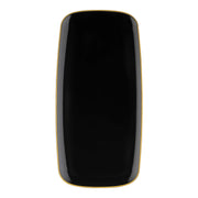 Black rectangular disposable plastic plate with a gold rim and flat raised edges, measuring 10.6x5 inches, sold in a 120-pack