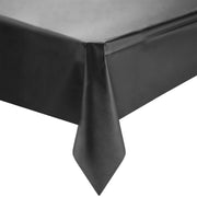 Black rectangular disposable plastic tablecloth measuring 54 x 108 inches, perfect for parties, events, and gatherings, sold in a 96-pack.