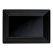 Black rectangular plastic serving tray with groove rim, perfect for elegant and practical food presentation