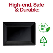 Black rectangular serving tray at a buffet table, perfect for displaying appetizers or entrees at parties or weddings
