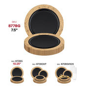 Black round appetizer plates with a gold marble-decorated rim, 7.5-inch size, made of sturdy disposable plastic