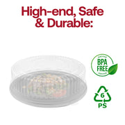 Black round buffet tray with clear plastic lid frames colorful finger foods beautifully for weddings, anniversaries, and galas