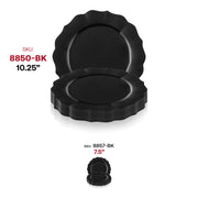 Black round dinner plates with a lotus detail, made of sturdy plastic, 10.25-inch size, available in a pack of 120