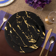 Black round disposable dinner plates adorned with a gold marble stroke, 10.25-inch diameter, pack of 120